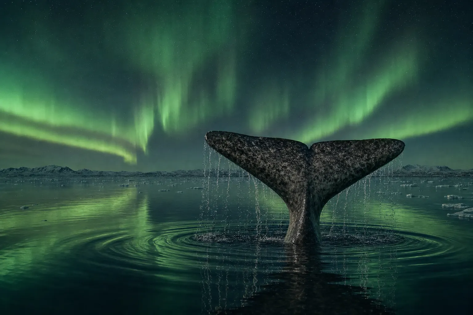 The narwhal's tail flukes rising out of the dark water as it dives, under green northern lights