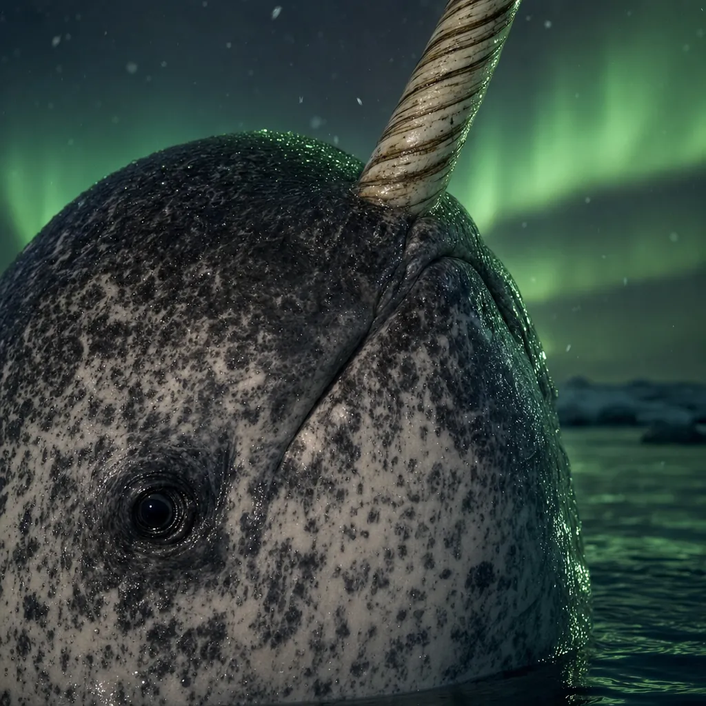 A close-up of the narwhal's wet spotted head and small dark eye, with snowflakes and a green rim light