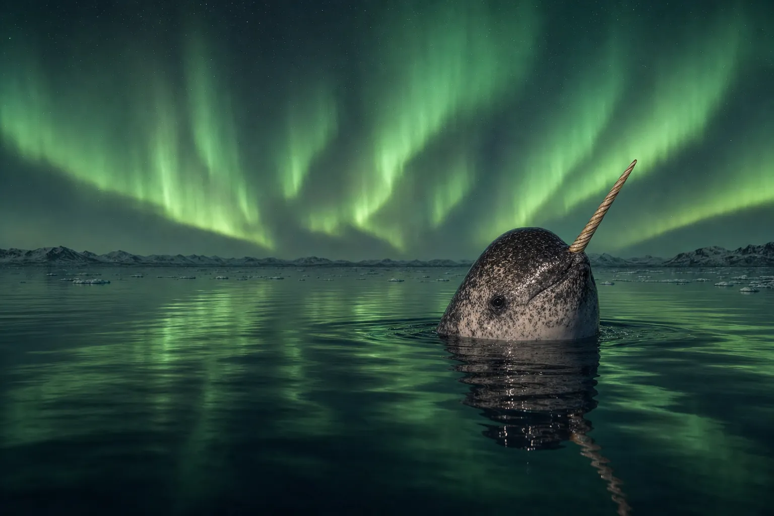 Nearwhal, a young narwhal with a spiral tusk, surfacing in the black Arctic sea under green northern lights